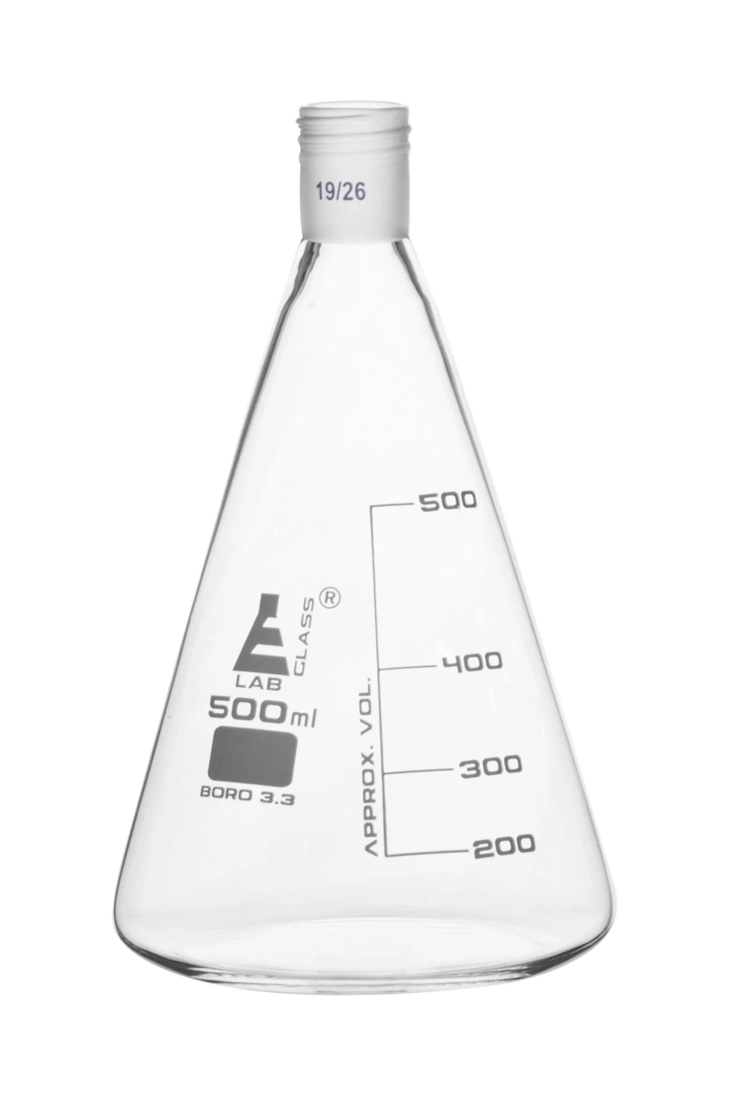 Erlenmeyer Flask With 19/26 Joint, 500ml Capacity, 100ml Graduations, Interchangeable Screw Thread Joint, Borosilicate Glass - 1 Erlenmeyer Flask With 19/26 Joint, 500ml Capacity, 100ml Graduations, Interchangeable Screw Thread Joint, Borosilicate Glass -