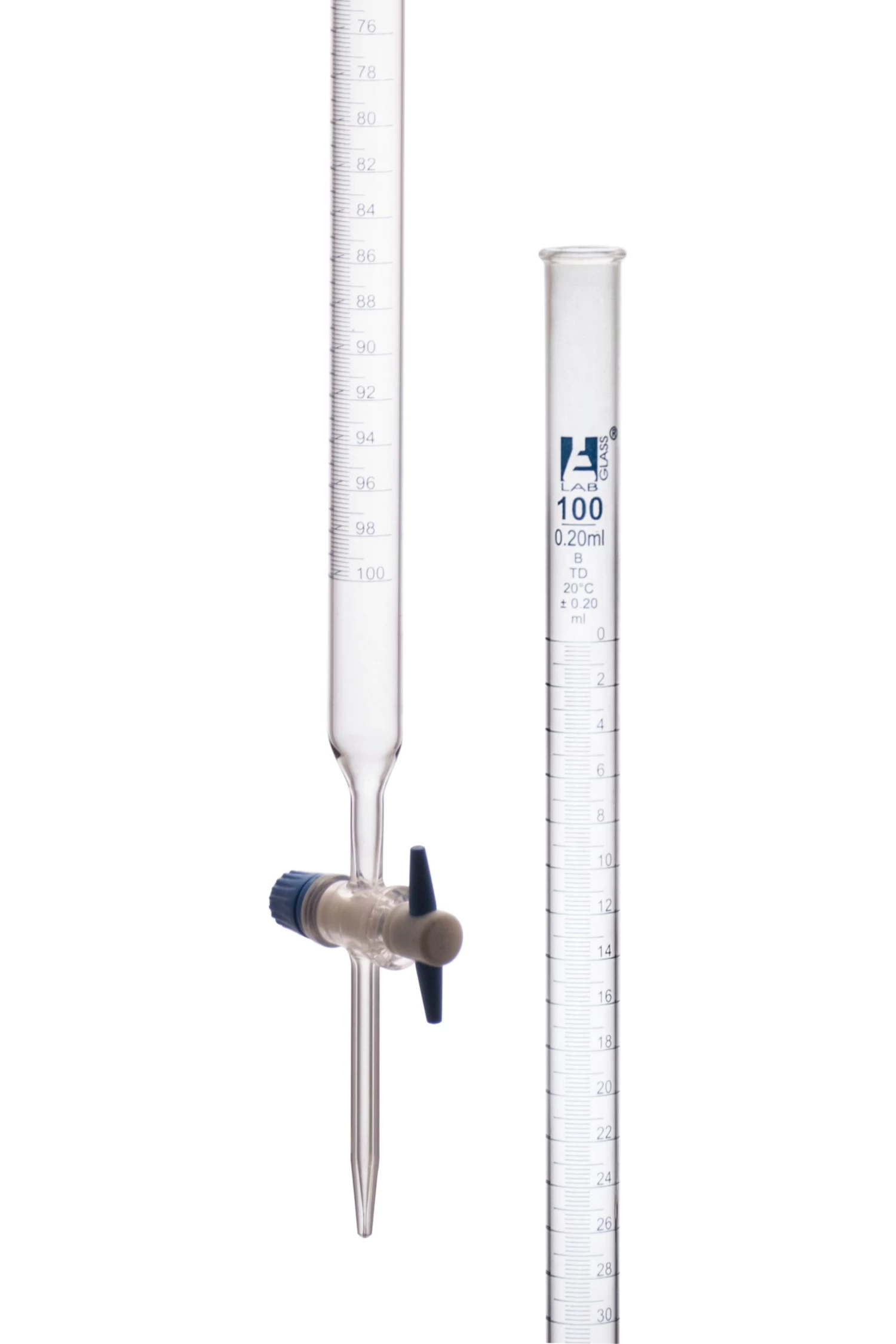 Burette, 100mL - Class B - With PTFE Stopcock - Blue Graduations - Borosilicate Glass 1 Burette, 100mL - Class B - With PTFE Stopcock - Blue Graduations - Borosilicate Glass