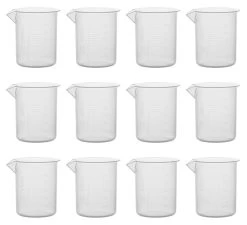 12PK Plastic Beakers, 100ml - Polypropylene - Raised Graduations