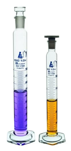 Graduated Cylinder, 2000mL - Class B - 34/35 Polypropylene Stopper - Hexagonal Base - White Graduations - Borosilicate Glass