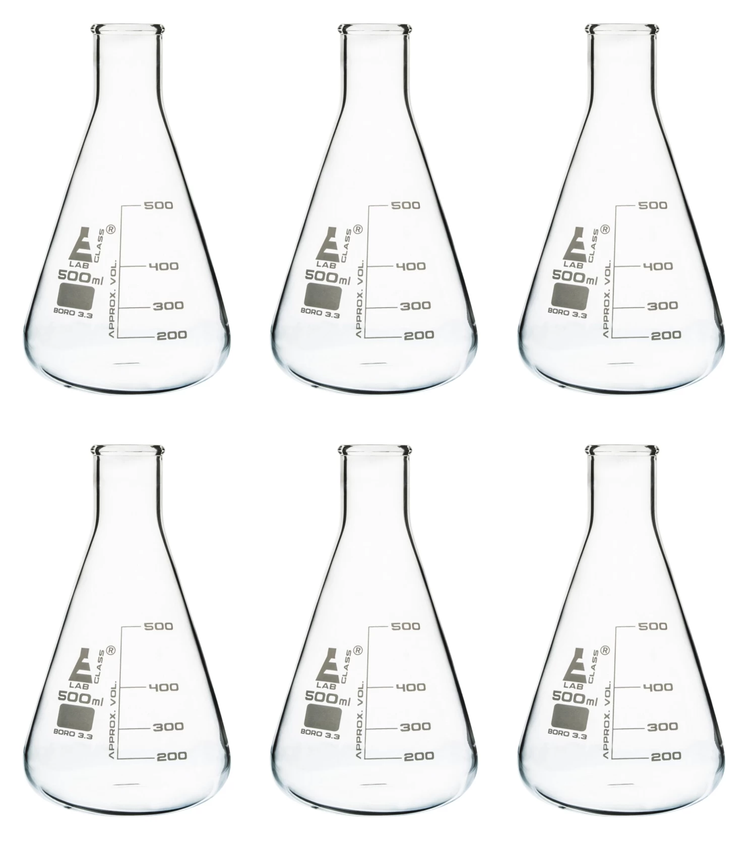 6PK Erlenmeyer Flasks, 500mL - Narrow Neck - Borosilicate Glass 1 6PK Erlenmeyer Flasks, 500mL - Narrow Neck - Borosilicate Glass