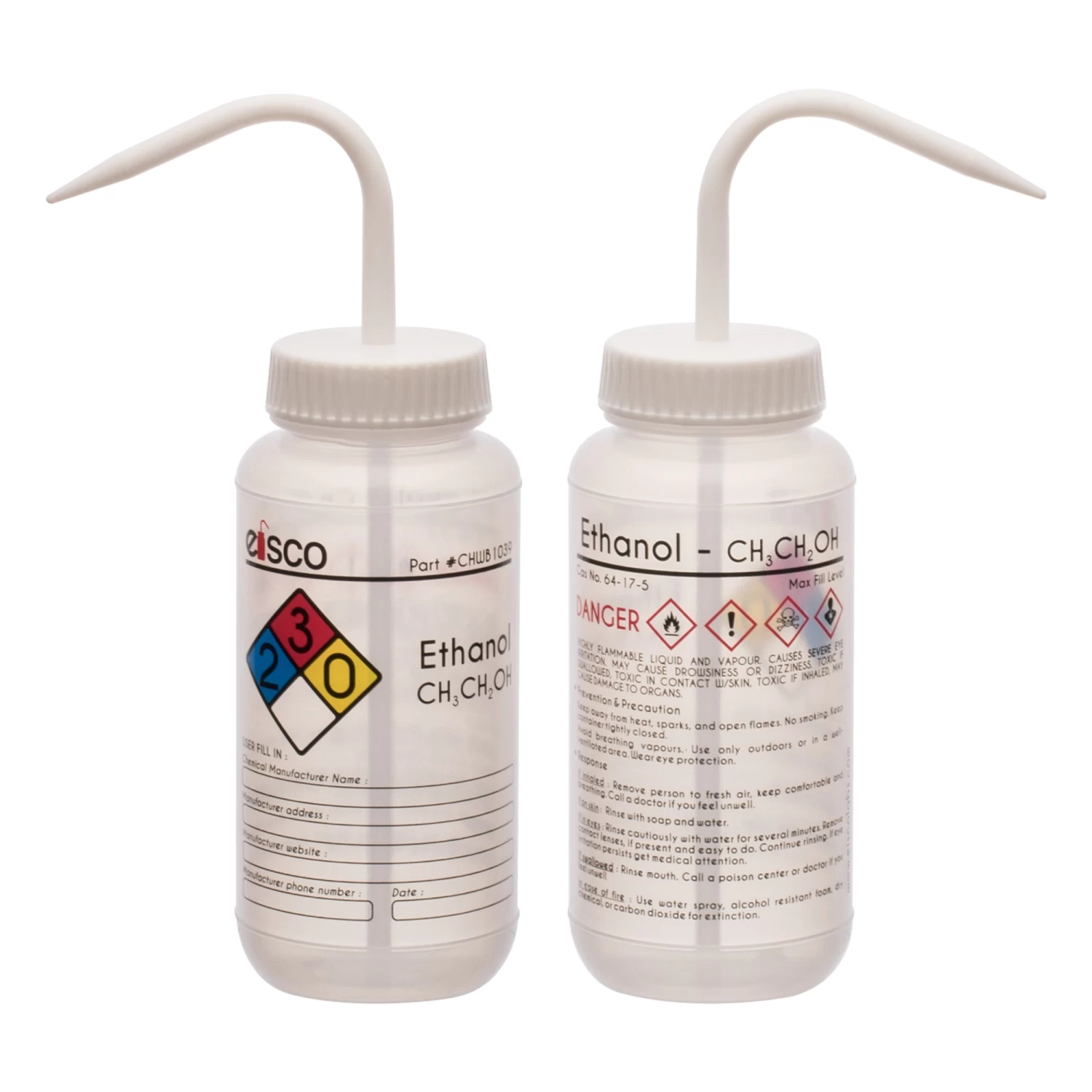 Wash Bottle For Ethanol, 500ml - Labeled With Color Coded Chemical & Safety Information (4 Colors) - Wide Mouth, Self Venting, Low Density Polyethylene - 3 Wash Bottle For Ethanol, 500ml - Labeled With Color Coded Chemical & Safety Information (4 Colors) - Wide Mouth, Self Venting, Low Density Polyethylene - - Image 3