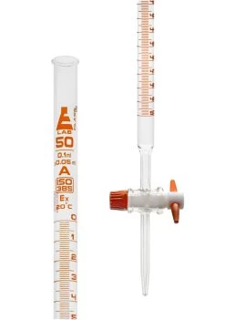 Burette, 50mL - Class A - 0.1mL Amber Graduations - PTFE Stopcock - Borosilicate Glass