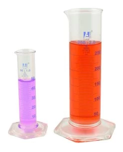 Graduated Cylinder, 100mL - Class B - Squat Form - Hexagonal Base - Blue Graduations - Borosilicate Glass