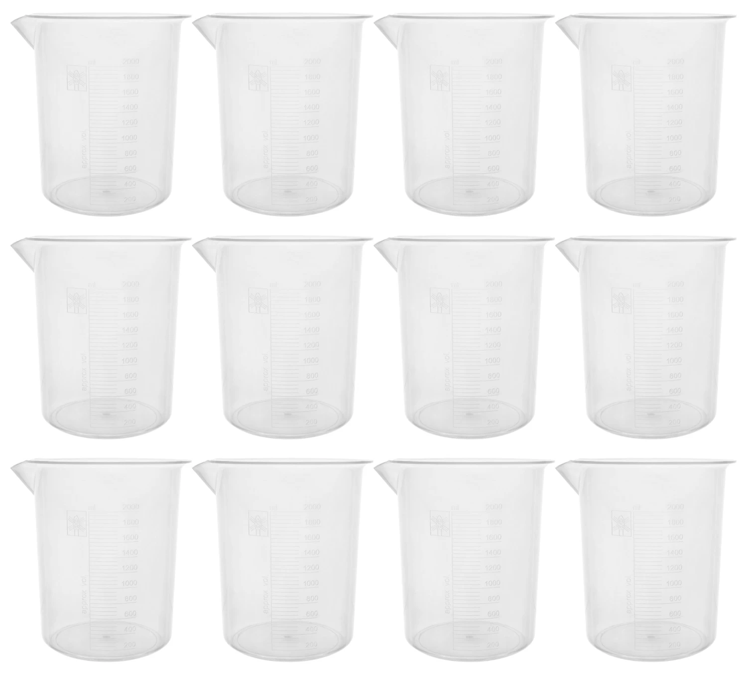 12PK Plastic Beakers, 2000ml - Polypropylene - Raised Graduations 1 12PK Plastic Beakers, 2000ml - Polypropylene - Raised Graduations