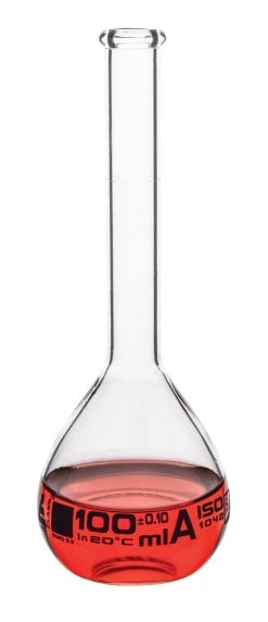 Volumetric Flask, 100ml - Class A Tolerance ±0.10ml - Beaded Rim - Single White Graduation, Blue Printed Specifications - Borosilicate 3.3 Glass -