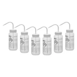 6PK Wash Bottle For Ethanol, 500ml - Labeled With Color Coded Chemical & Safety Information (2 Color)- Wide Mouth, Self Venting, Low Density Polyethylene -