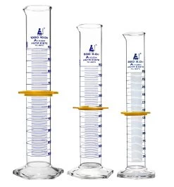 Graduated Cylinders 3 Piece Set - ASTM Class A - 250mL, 500mL & 1000mL - Protective Collars, Hexagonal Base - Blue Graduations - Borosilicate Glass