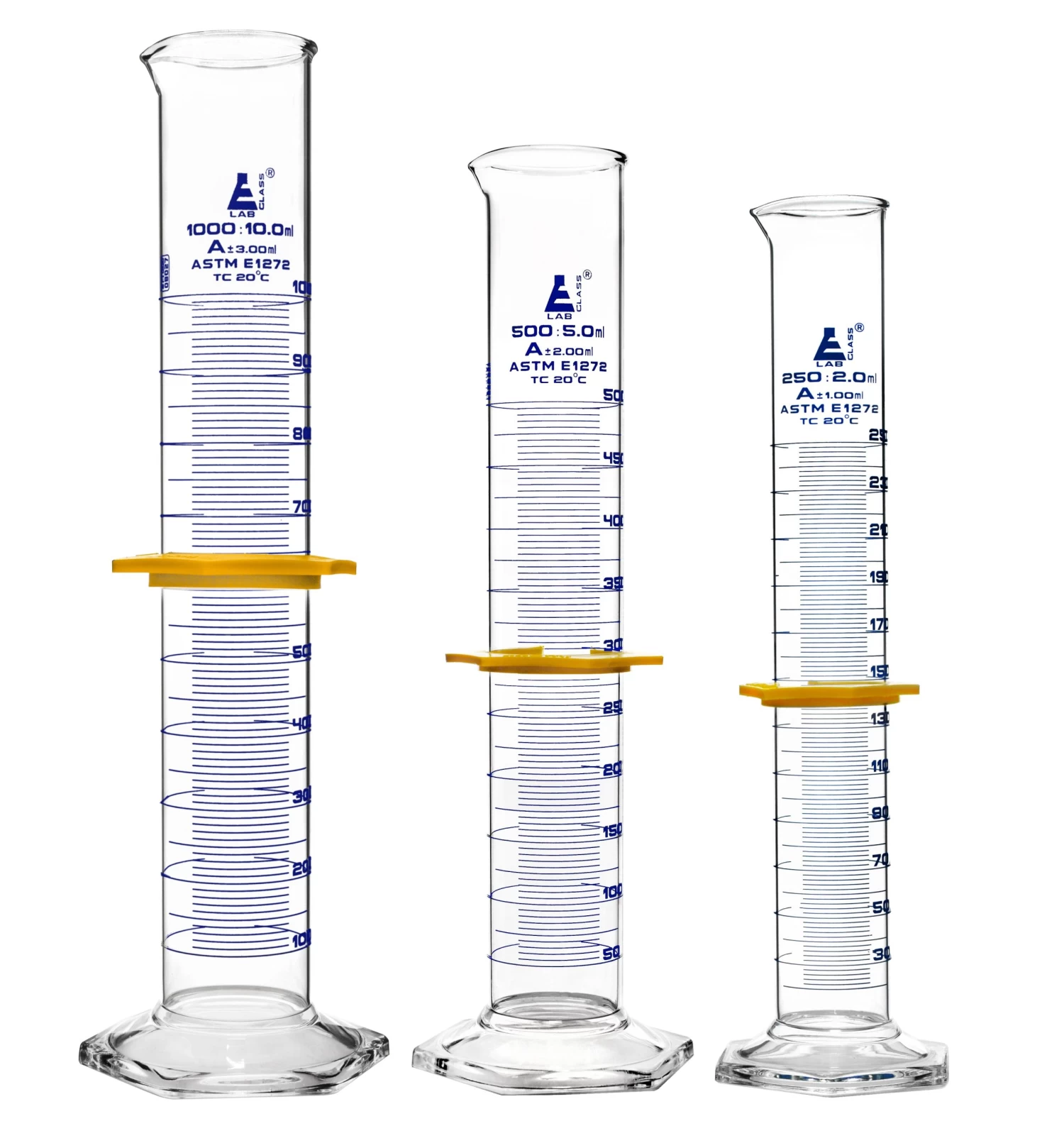 Graduated Cylinders 3 Piece Set - ASTM Class A - 250mL, 500mL & 1000mL - Protective Collars, Hexagonal Base - Blue Graduations - Borosilicate Glass 1 Graduated Cylinders 3 Piece Set - ASTM Class A - 250mL, 500mL & 1000mL - Protective Collars, Hexagonal Base - Blue Graduations - Borosilicate Glass