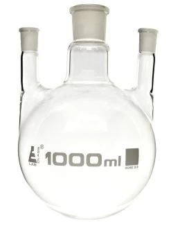 Flask Distilling Round Bottom, Cap. 1000ml, Borosilicate Glass, Three Neck Parallel, Center Socket 24/29, Side Socket 19/26