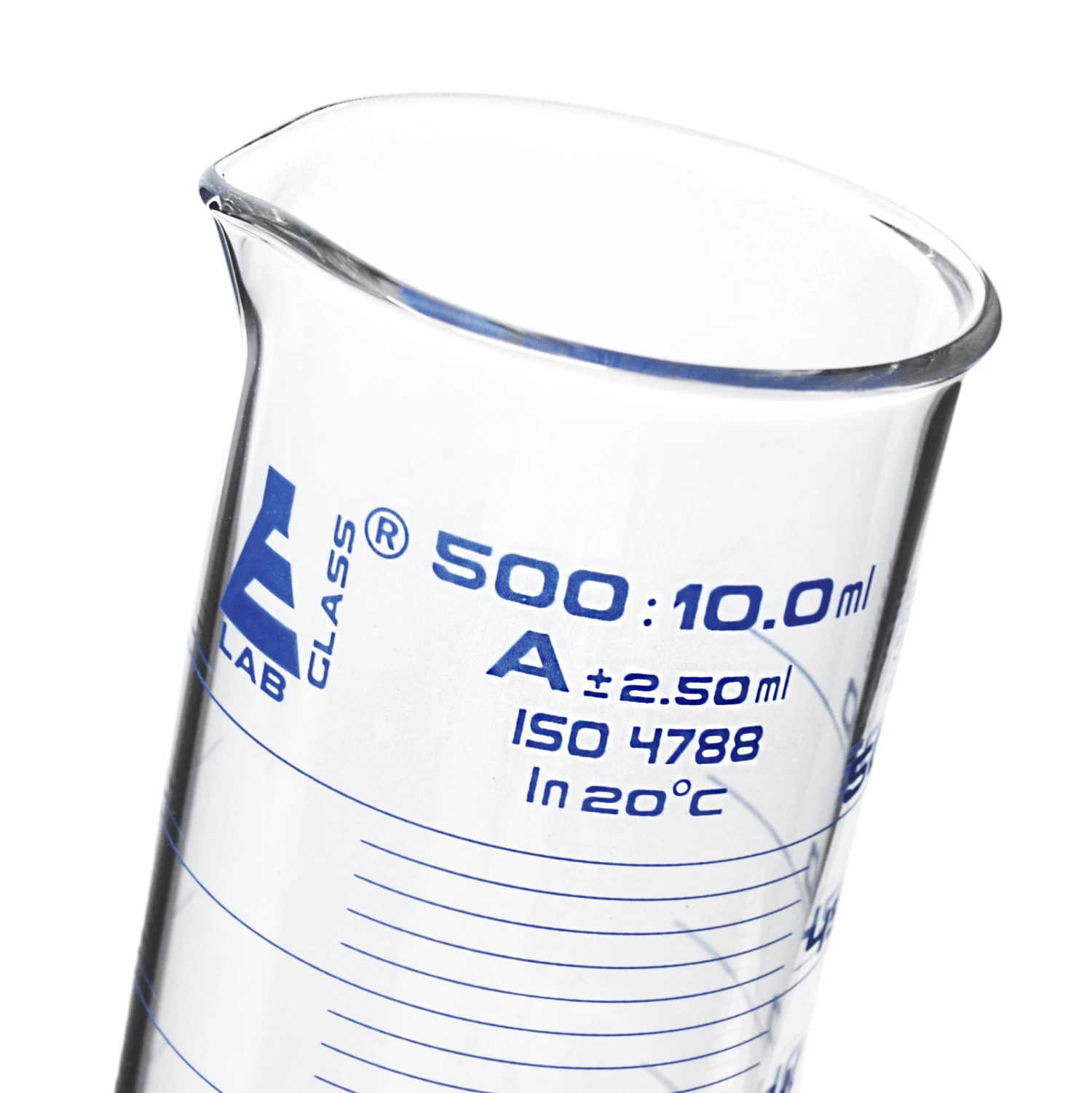 Graduated Cylinder, 500mL - Class A - Squat Form - Hexagonal Base - Blue Graduations - Borosilicate Glass 2 Graduated Cylinder, 500mL - Class A - Squat Form - Hexagonal Base - Blue Graduations - Borosilicate Glass - Image 2