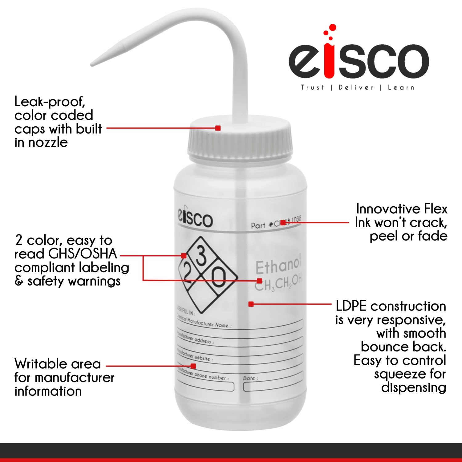 2PK Wash Bottle For Ethanol, 500ml - Labeled With Color Coded Chemical & Safety Information (2 Color)- Wide Mouth, Self Venting, Low Density Polyethylene - 2 2PK Wash Bottle For Ethanol, 500ml - Labeled With Color Coded Chemical & Safety Information (2 Color)- Wide Mouth, Self Venting, Low Density Polyethylene - - Image 2