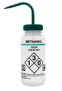 500ml Capacity Labelled Wash Bottle For Methanol - Color Coded Green - Self Venting, Low Density Polyethylene -