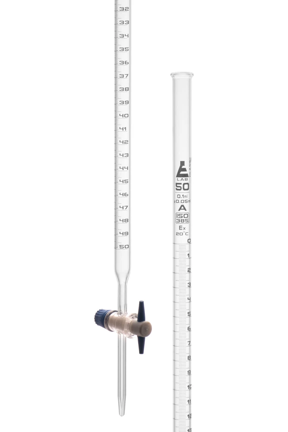 Burette, 50mL - Class A - With PTFE Stopcock - White Graduations - Borosilicate Glass 1 Burette, 50mL - Class A - With PTFE Stopcock - White Graduations - Borosilicate Glass