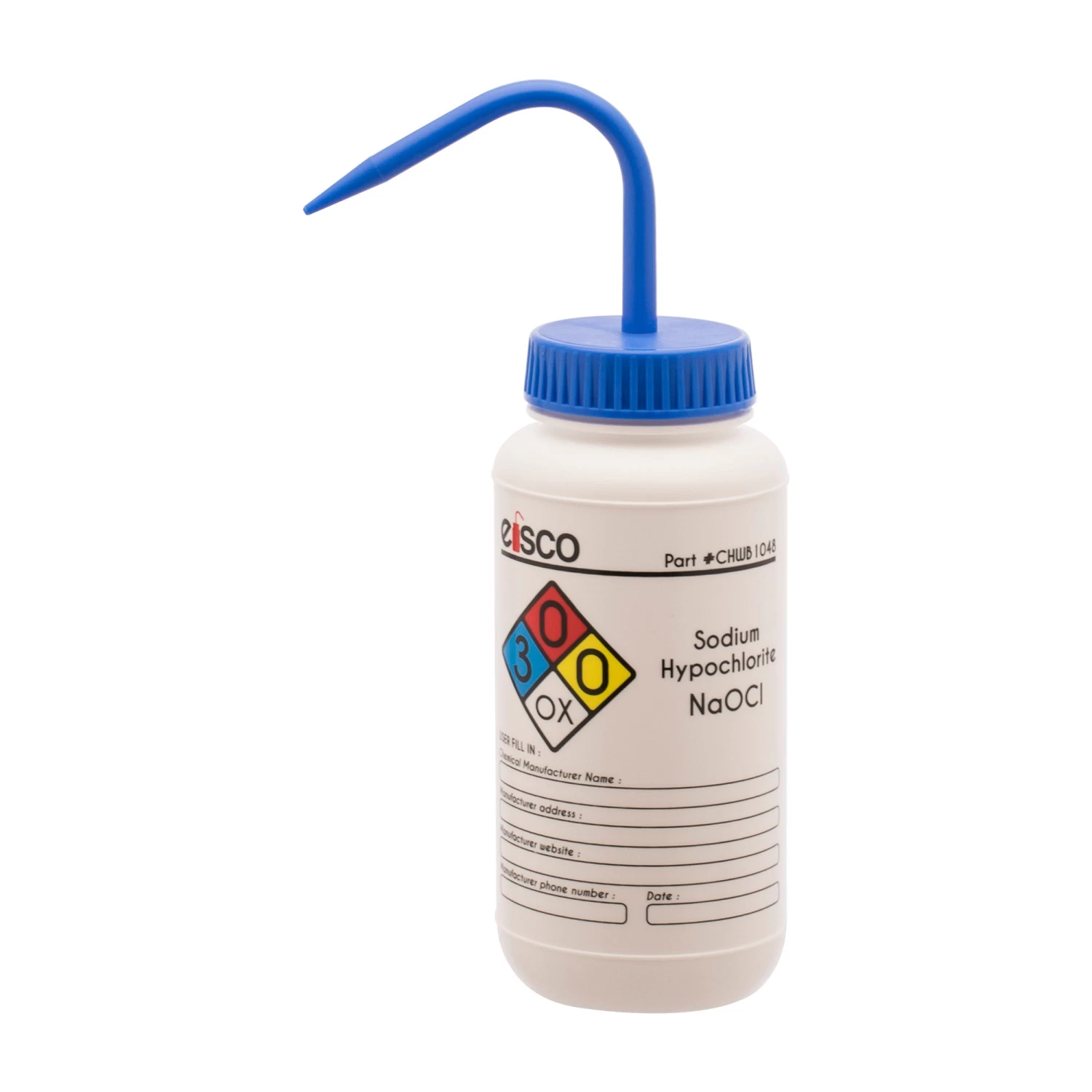 Wash Bottle For Sodium Hypochloride (Bleach), 500ml - Labeled With Color Coded Chemical & Safety Information (4 Colors) - Wide Mouth, Self Venting, Low Density Polyethylene - 1 Wash Bottle For Sodium Hypochloride (Bleach), 500ml - Labeled With Color Coded Chemical & Safety Information (4 Colors) - Wide Mouth, Self Venting, Low Density Polyethylene -