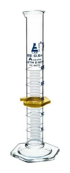 Graduated Cylinder, 25mL - ASTM Class A - Protective Collar, Hexagonal Base - Blue Graduations - Borosilicate Glass