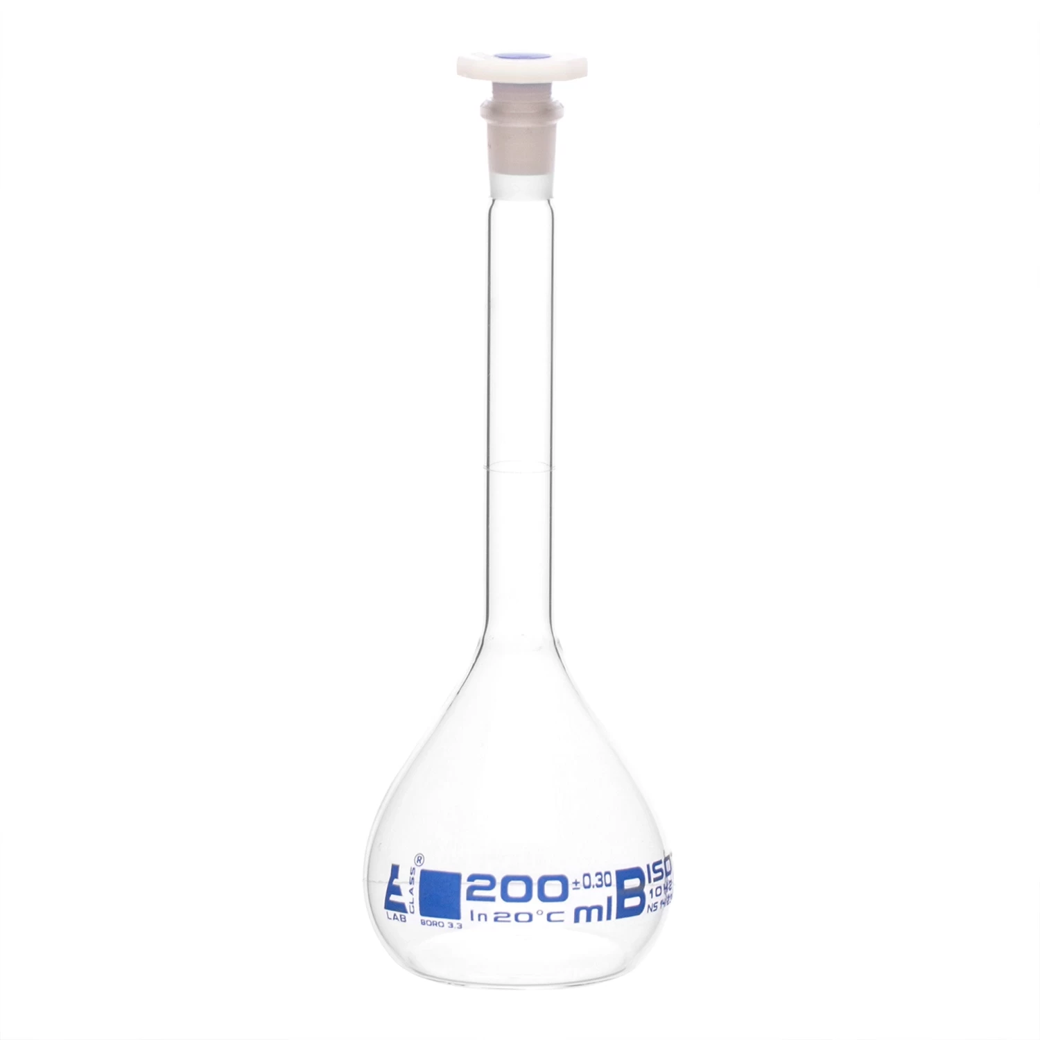 Volumetric Flask, 200ml - Class B - 14/23 Polyethylene Stopper, Borosilicate Glass - Blue Graduation, Tolerance ±0.300 1 Volumetric Flask, 200ml - Class B - 14/23 Polyethylene Stopper, Borosilicate Glass - Blue Graduation, Tolerance ±0.300