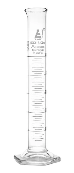 Graduated Cylinder, 50ml - Class A - White Graduations - Hexagonal Base