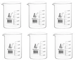 6PK Beakers, 600ml - Low Form - 50ml Graduations - Borosilicate Glass