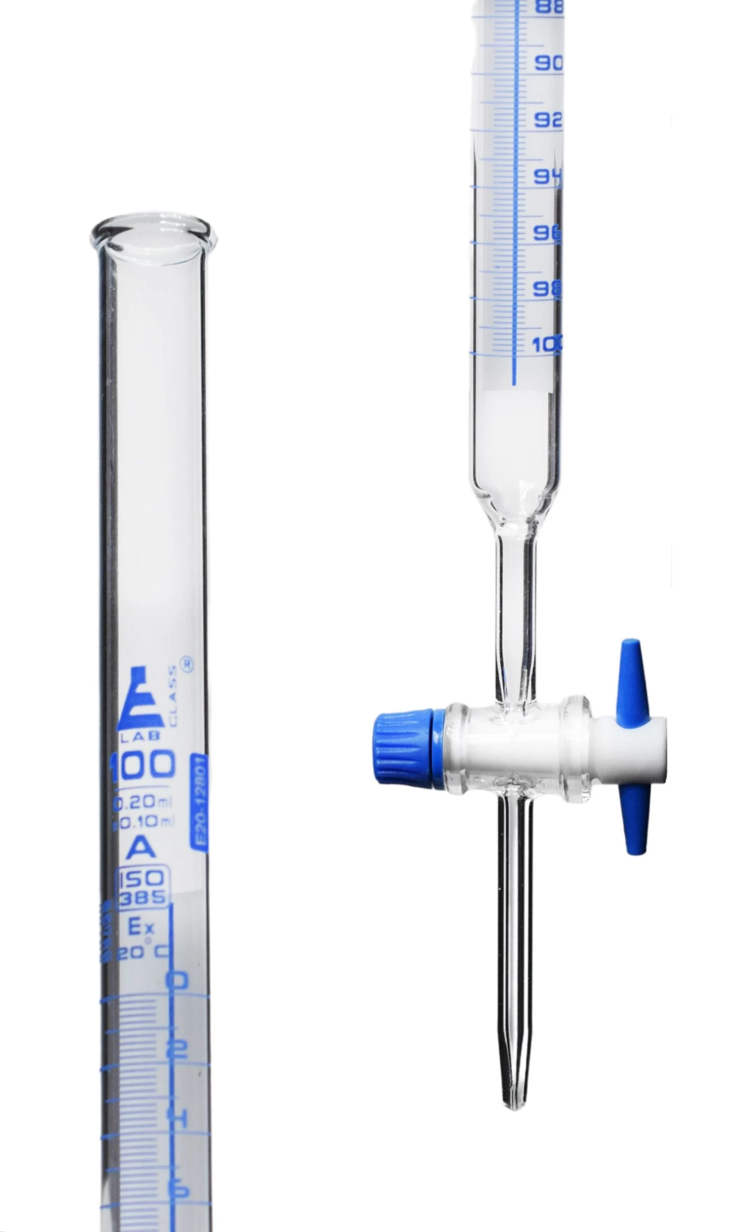 Schellbach Burette, 100mL - Class A, Includes Calibration Certificate - PTFE Stopcock - Blue Graduations - Borosilicate Glass 1 Schellbach Burette, 100mL - Class A, Includes Calibration Certificate - PTFE Stopcock - Blue Graduations - Borosilicate Glass